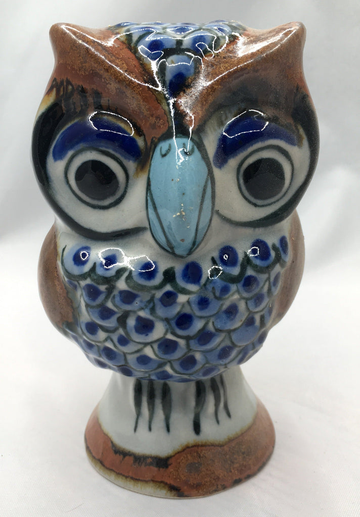 Ken Edwards Pottery Owl sculpture in brown trim and blues.