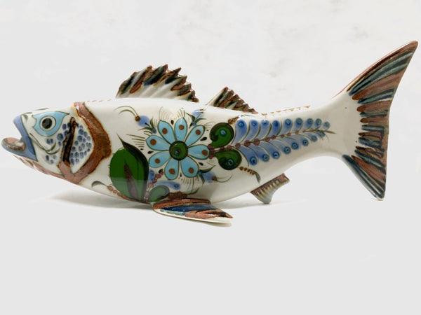 Ken Edwards Pottery large fish with open mouth  Lots of brown trim on fins and tail, flowers and leaves on body in green and blue.