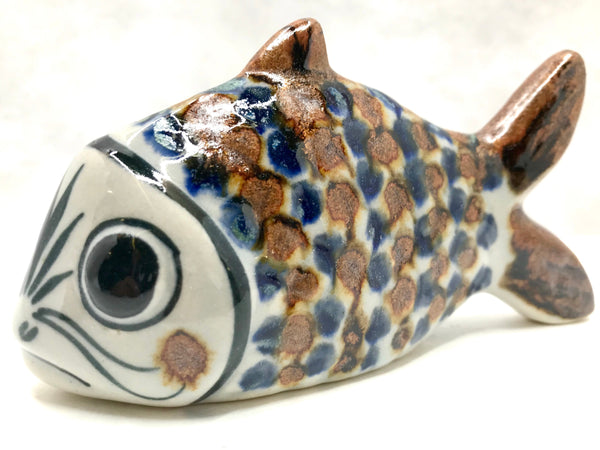 Ken Edwards stoneware pottery fish in very small size with brown and blue and black.