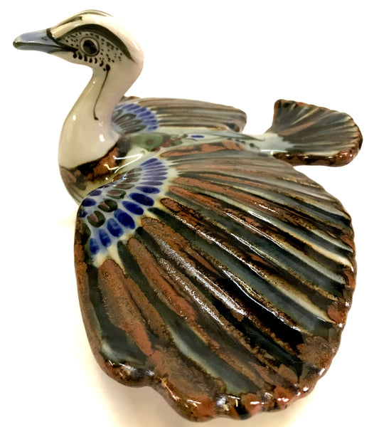 Ken Edwards Pottery large bird with open wings in brown and blue mostly.