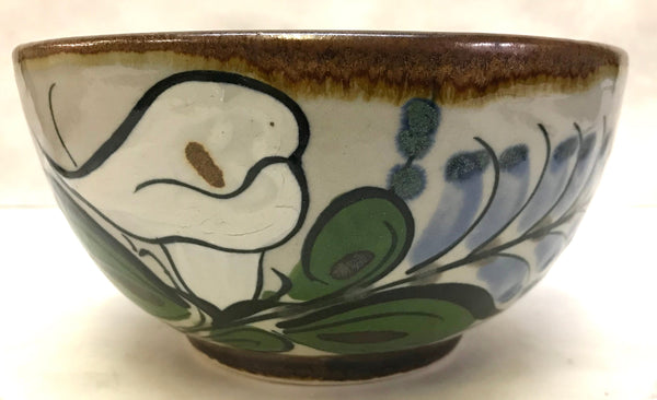 Ken Edwards Pottery bowl with brown rim and colorful bird, flower, butterfly and leaf design.