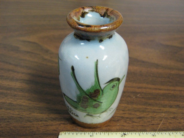 Ken Edwards Micro Thrown Vase with brown top and bottom rims and green bird on side.